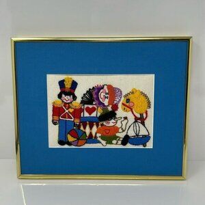 Vintage Crewel Framed Toys Clown Haunting Art Yarn Kitschy MCM  11x9